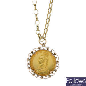 A late Victorian sovereign pendant and a 9ct gold chain.