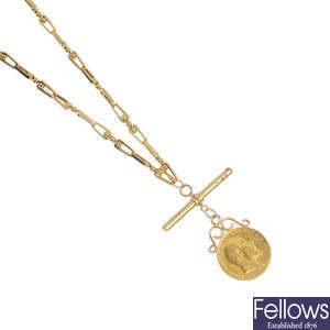 A 9ct gold Albert chain, with half-sovereign fob.