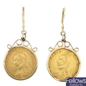 A pair of 9ct gold mounted half-sovereign ear pendants. 