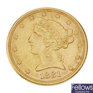 USA, gold 5-Dollars 1881. 