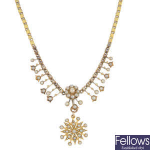 An early 20th century 15ct gold split pearl necklace. 
