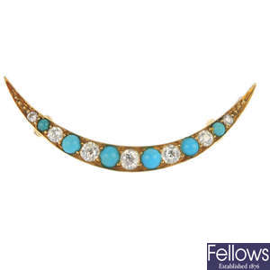 TIFFANY & CO. - a turquoise and diamond crescent brooch.