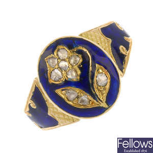 A mid Victorian 18ct gold enamel and diamond floral ring.