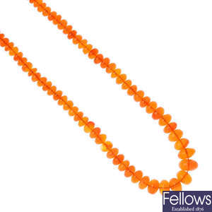 A 14ct gold fire opal bead single-strand necklace. 