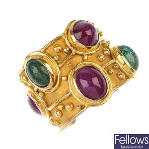 A ruby and emerald ring.