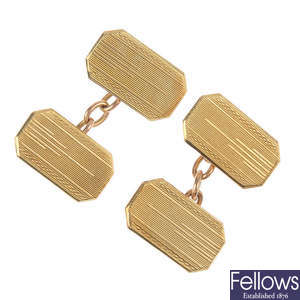 A group of three pairs of 9ct gold chain connecting cufflinks. 