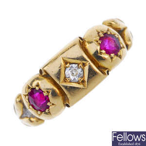 An Edwardian 18ct gold, ruby and diamond three stone ring.