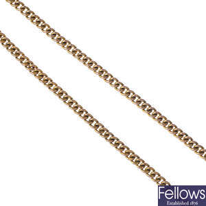 A mid 20th century 9ct gold Albert chain.