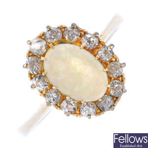 A mid 20th century 18ct gold gold opal and diamond cluster ring.