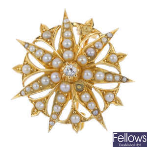 An early 20th century gold split pearl and diamond brooch.