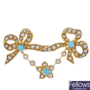 An early 20th century gold turquoise and split pearl brooch.