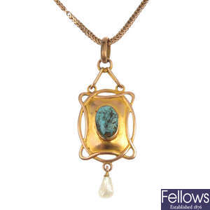 An Edwardian 9ct gold turquoise and pearl pendant.