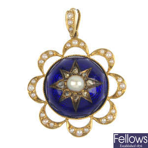 A late Victorian 15ct gold diamond split pearl and enamel pendant.