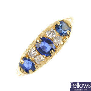 A sapphire and diamond seven-stone ring.