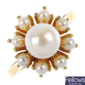 A gem-set brooch and a 9ct gold cultured pearl ring.