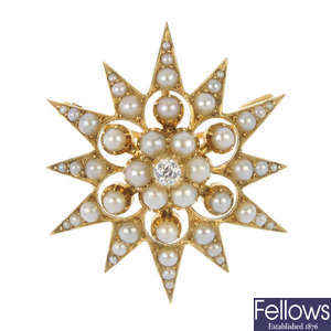 A late 19th century 15ct gold split pearl and diamond star brooch.