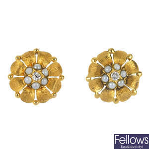 A pair of 9ct gold diamond and split pearl floral ear studs.