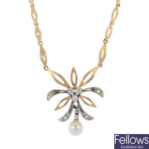 A cultured pearl and diamond floral necklace
