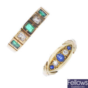 An emerald and diamond ring, together with an Edwardian 18ct gold sapphire and diamond ring. 