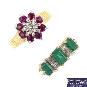 An emerald and diamond ring, together with an 18ct gold diamond and ruby cluster ring. 