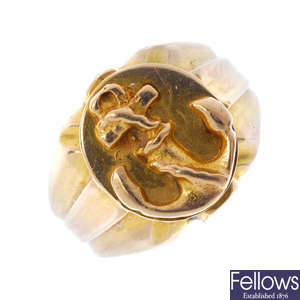A gentleman's mid 20th century 18ct gold anchor signet ring. 