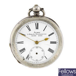 A continental white metal open face pocket watch by H. Samuel
