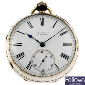 A silver open face pocket watch by J.W Benson with chain.