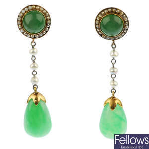 A pair of jade, seed, imitation pearl and gem-set ear pendants.