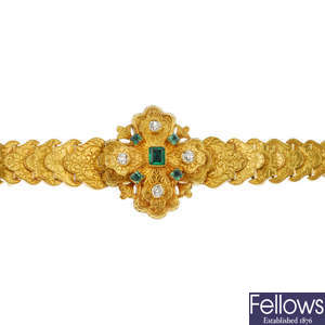 A mid 19th century gold emerald and diamond bracelet, circa 1860.