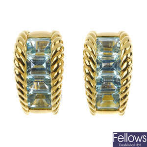 DAVID MORRIS - a pair of 18ct gold aquamarine ear clips.