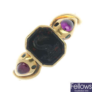 A bloodstone intaglio and gem-set ring.