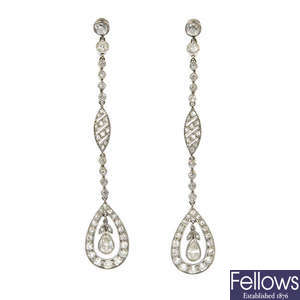 A pair of early 20th century diamond ear pendants.