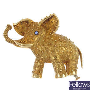 CARTIER - a mid 20th century sapphire accent elephant brooch.