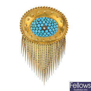 A late 19th century gold diamond and turquoise brooch.