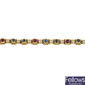 A sapphire and ruby bracelet.