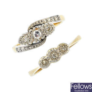 Two early 20th century 18ct gold and platinum diamond dress rings.