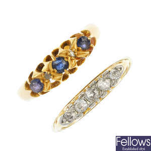 Two early 20th century 18ct gold gem-set dress rings.