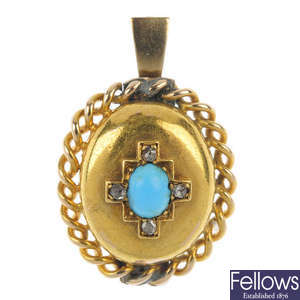 A late 19th century gold turquoise and diamond pendant.
