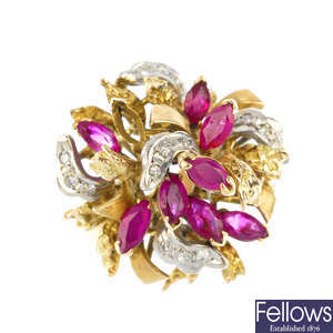 A mid 20th century 18ct gold ruby and diamond dress ring.