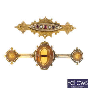 Two late 19th century gold gem-set brooches.
