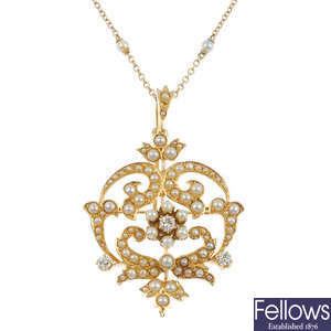 A diamond, seed and split pearl foliate pendant. 