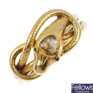 A late 19th century gold diamond snake ring.