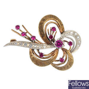 A 1960s 9ct gold synthetic ruby and paste brooch.