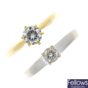 An 18ct gold diamond single-stone ring and an 18ct gold synthetic moissanite ring.