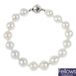 A freshwater cultured pearl single-strand bracelet.