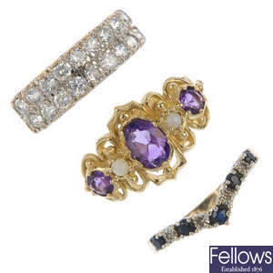 A selection of six 9ct gold gem-set rings. 