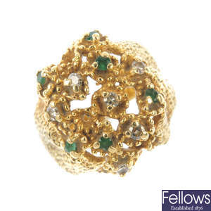 A 1970s 18ct gold diamond and emerald ring.