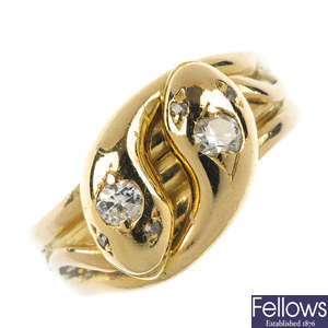 An early 20th century gold diamond snake ring.