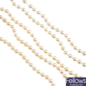 A selection of five cultured pearl single-strand necklaces.