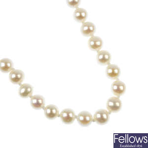 Three cultured pearl single-strand necklaces. 